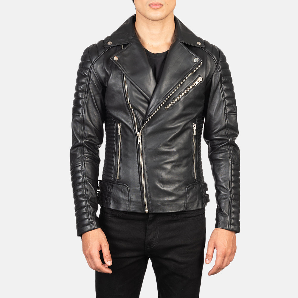 Blouson motard en cuir noir Armand pour homme The Jacket Maker