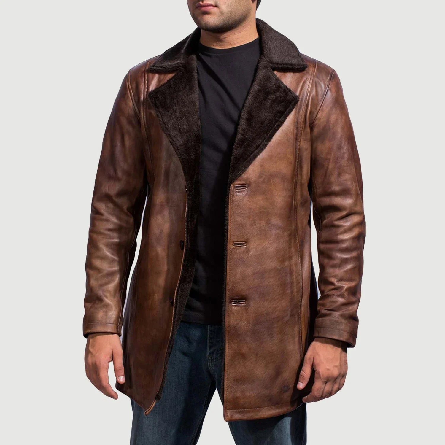 Mens leather and fur coat deals