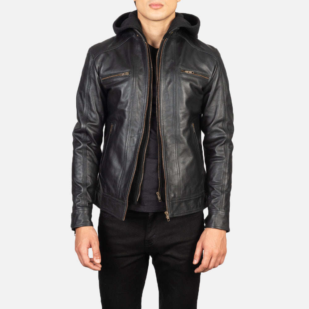 Men s Hector Black Hooded Leather Biker Jacket The Jacket Maker
