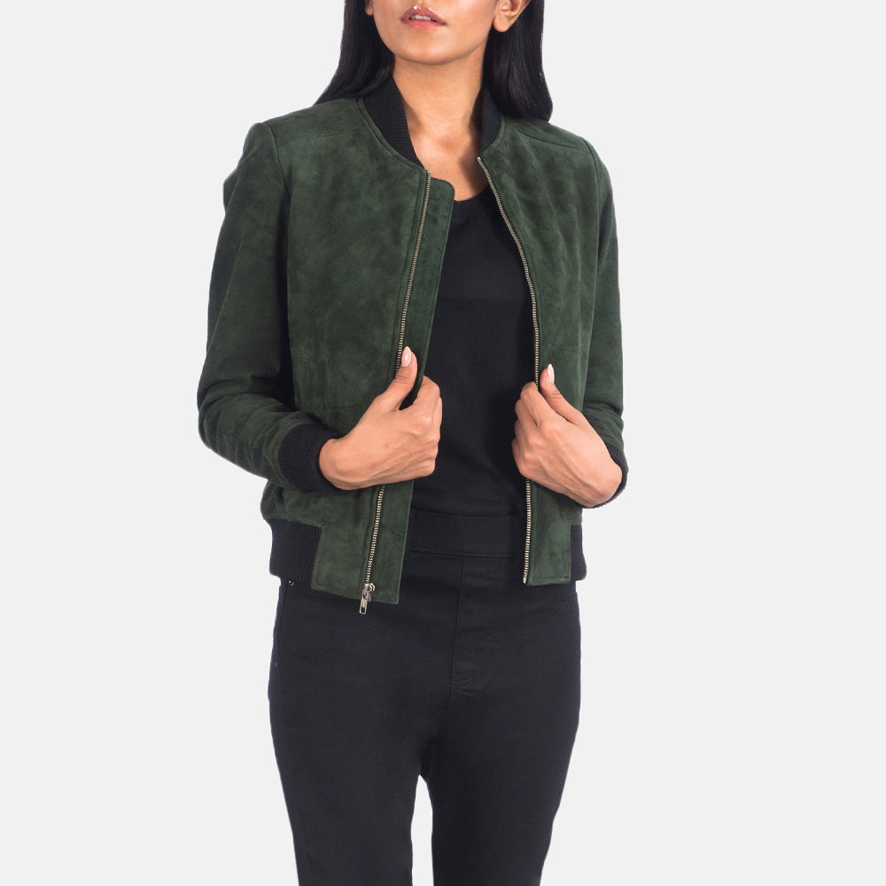 Blouson aviateur en daim vert Bliss pour femme The Jacket Maker